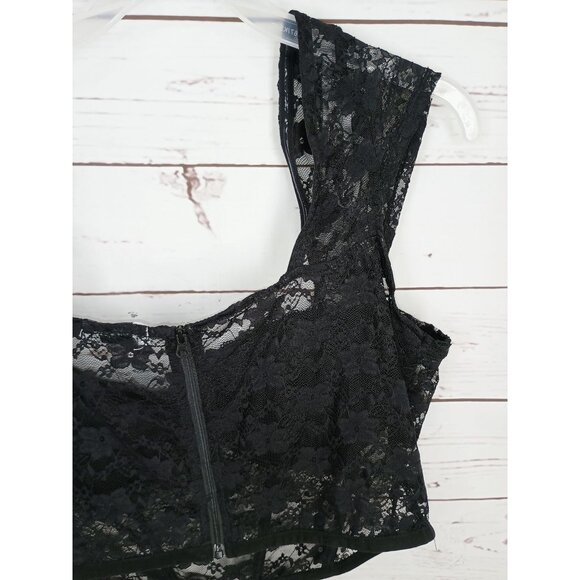 Faded Rose Black Sheer Lace Bustier Crop Top With Cap Sleeves & Back Zipper Clos - Picture 4 of 15